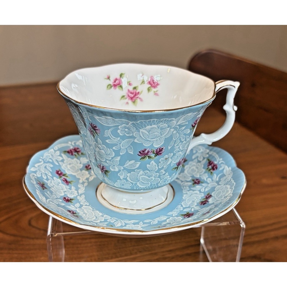 Royal Albert Polka Blue Tea Cup and Saucer Set Fine Bone China Floral Lace Gold